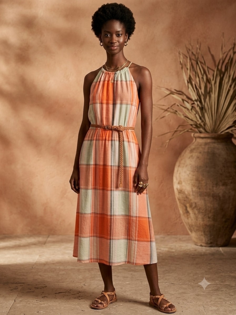 Ann Taylor Factory Plaid Halter Midi Dress Orange Cream Summer Coquette Size M